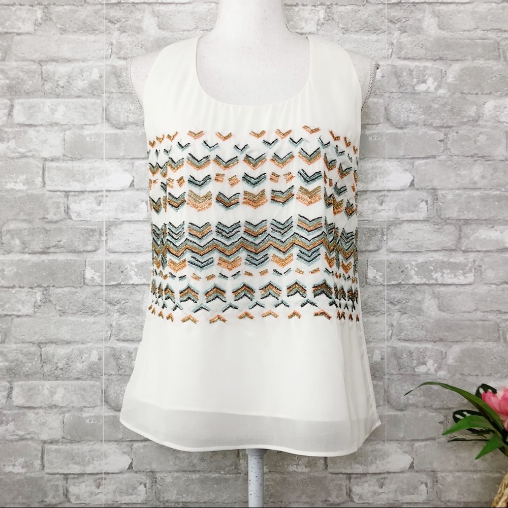 GREYLIN Ivory Bead Geometric Design Racerback Tank Top. Size Medium